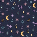 Celestial space seamless pattern, colored magic objects moon